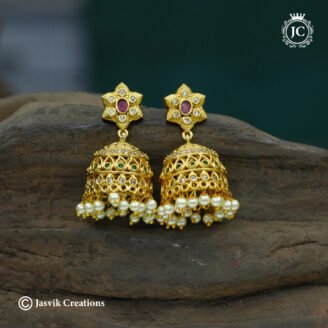 Antique Star Floral AD & Multi-Stone Jhumkas with Pearl Drops - JCER300