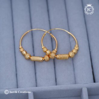 Textured Barrel & Bead Gold-Finish Daily Wear Hoop Earrings- JCER347