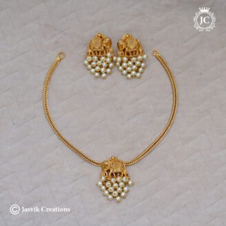 Antique Gold Elephant Motif Choker Set with Pearl Bunch Dangles - JCNL371