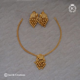 Antique Matte Gold Elephant Motif Choker Set with Golden Bead Bunch Dangles - JCNL373