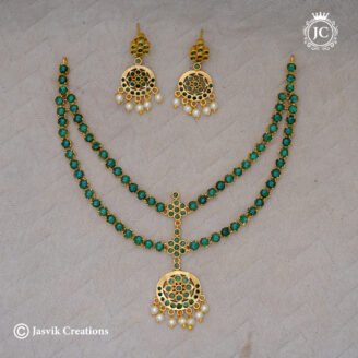 2-Layer Green Kemp Attigai Necklace  with Pearl Drop Earrings - JCNL382