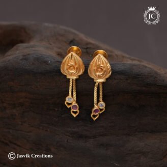 Gold Forming Leaf Stud Earrings with Asymmetric Stone Drops - JCER388