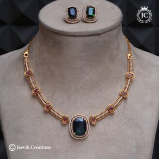 Premium Uncut Emerald with Ruby  Necklace Set with Matching Studs - JCNL400