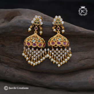 Premium Multi-Stone Grand Jhumka with Layered CZ & Pearl Hangings - JCER424