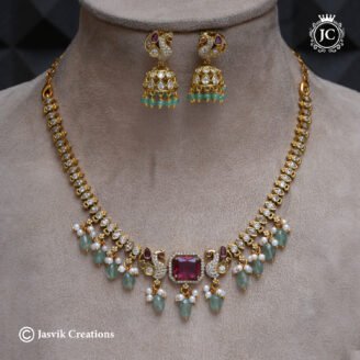 Premium Antique Gold Exclusive Peacock CZ & Emerald Bead Necklace - JCNL429
