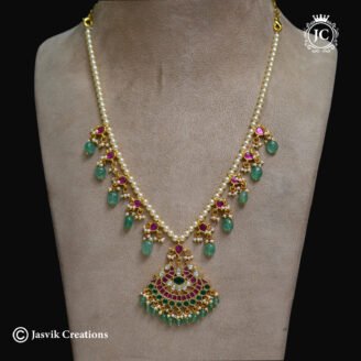 Premium Antique Jadau Style Pearl Strand Necklace with Fan Pendant -  JCNL432