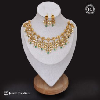 Antique Gold Floral Layered with CZ Stones, Pearls & Emerald Green Drops Necklace - JCNL452