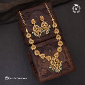 Antique Gold Finish Goddess Lakshmi Temple & Mango/Peacock Necklace - JCNL466