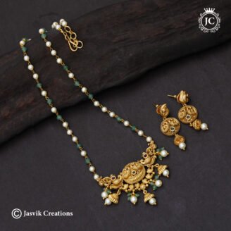 Antique Gold Peacock Medallion Pearl  Green Bead Necklace- JCNL477
