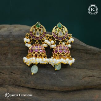 Real Kemp Chandbali Jhumka with Monalisa Bead Drops - JCER478