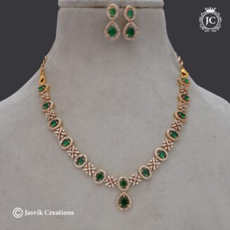 Premium AD & Emerald-Green Stone Floral Necklace with Teardrop Earrings - JCNL056