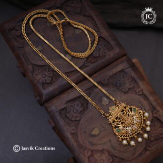 Antique Matte Gold Divine Lakshmi &Arch Peacock Dollar Chain (26 Inch)- JCCH791
