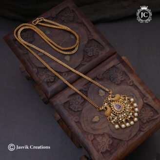Antique Matte Gold Floral & Peacock Dollar Chain ( 26 Inch ) - JCCH792