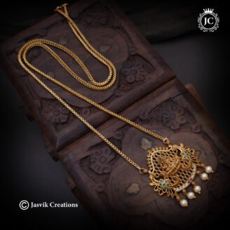 Antique Matte Gold Jaali Mesh Lakshmi & Peacock Dollar Chain (26 Inch )- JCCH796