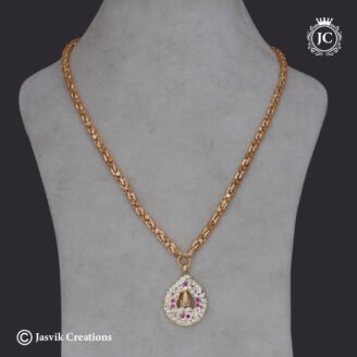 Traditional Gold-Look Impon Chain with CZ & Ruby Goddess Pendant ( 24 Inch Only ) - JCCH811