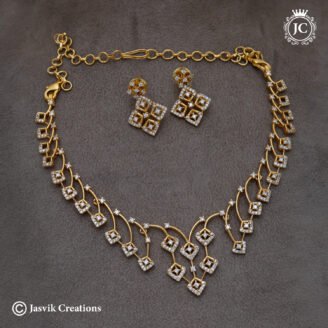 Diamond Look Geometric CZ Gold-Plated Necklace Set with Matching Earrings - JCNL293