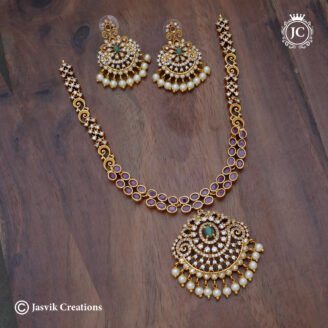 Antique Matte Gold CZ  Necklace with Ruby Stones & Emerald Pendant - JCNL353