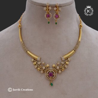 Elegant Matte Gold CZ Ruby Kante Necklace - JCNL059