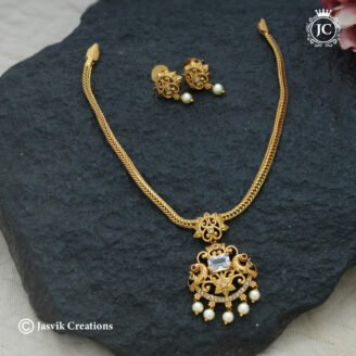 Antique Gold Finish Attigai Necklace Set with Pearl Drops - JCNL1000