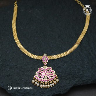 Traditional Rani Pink Stone Attigai Necklace- JCNL1009