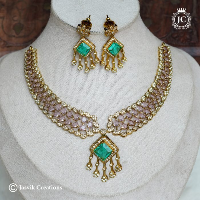 1013 Exquisite American Diamond & Emerald Green Stone Necklace -JCNL1013- 899 (1)