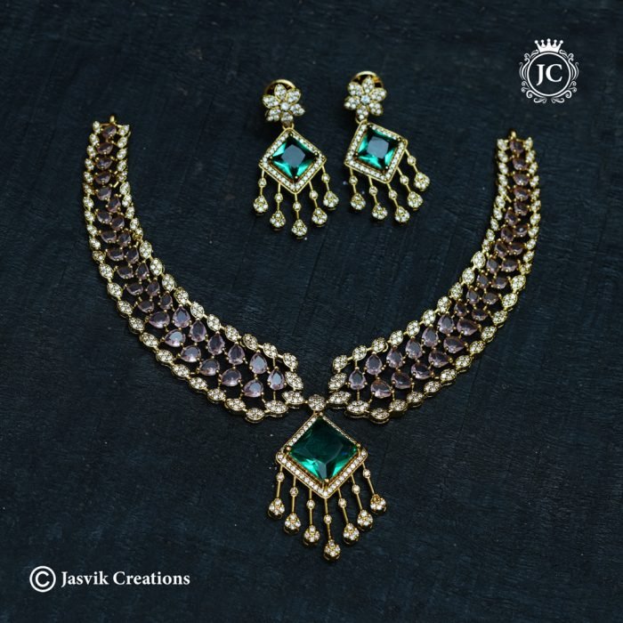 1013 Exquisite American Diamond & Emerald Green Stone Necklace -JCNL1013- 899 (2)