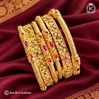 Exquisite Gold-Plated Floral & Ruby Stone Bangle Combo Set - JCBN157