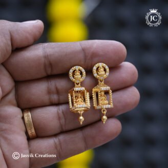 Gold Forming Circular Lakshmi Stud Cage Drop Earrings with CZ Accents - JCER699