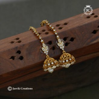 Elegant Leaf Motif CZ Diamond Look Jhumkas with Mattal - JCER712