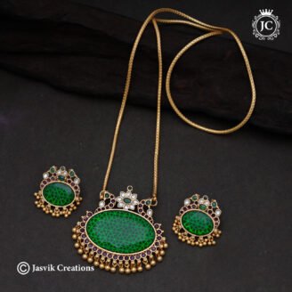 Premium Oval Emerald Stone Dollar Chain  with Matching Earrings ( 30 Inch Only )  - JCCH829
