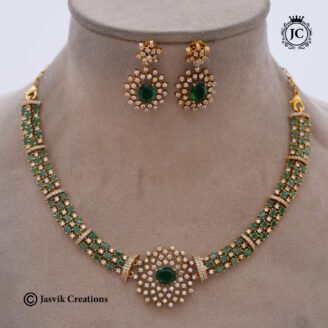 Premium Diamond Replica Emerald Green 3-Line CZ Necklace - JCNL952