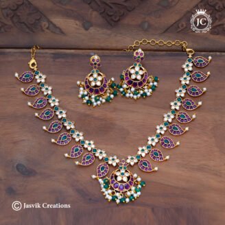 Premium Real Kemp & CZ Manga Necklacewith Chandbali Earrings & Pearl Cluster Drops - JCNL973