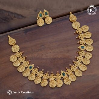 Antique Gold Replica Lakshmi Coin Necklace  with Emerald & Ruby Accents - JCNL975