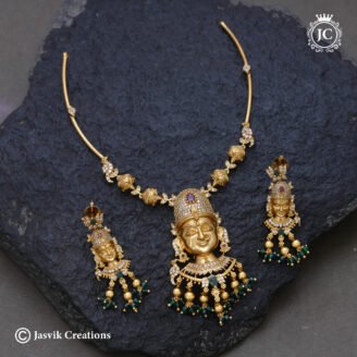 Exclusive Big Size Goddess Andal Face Necklace with Green Cluster Drops  - JCNL987