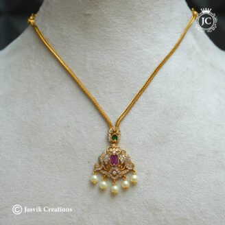 Matte Finish Peacock Filigree Attigai with Rectangular Ruby, Emerald & Pearl Drops-  JCNL999