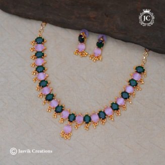 Microplated Oval AD Stone Necklace Set with Matching Earrings - JCNL774